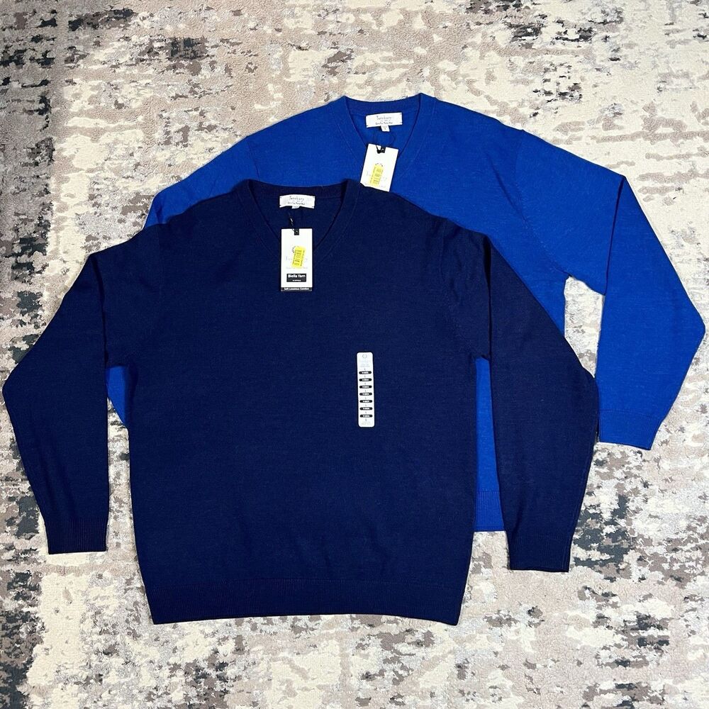 New Turnbury Lot Of 2 Merino Wool Biella Yarn V Neck Blue Navy Sweater NWT Sz L